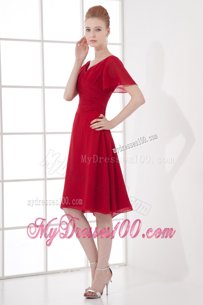 Wine Red Empire Ruching V-neck Short Sleeves Evening Dress