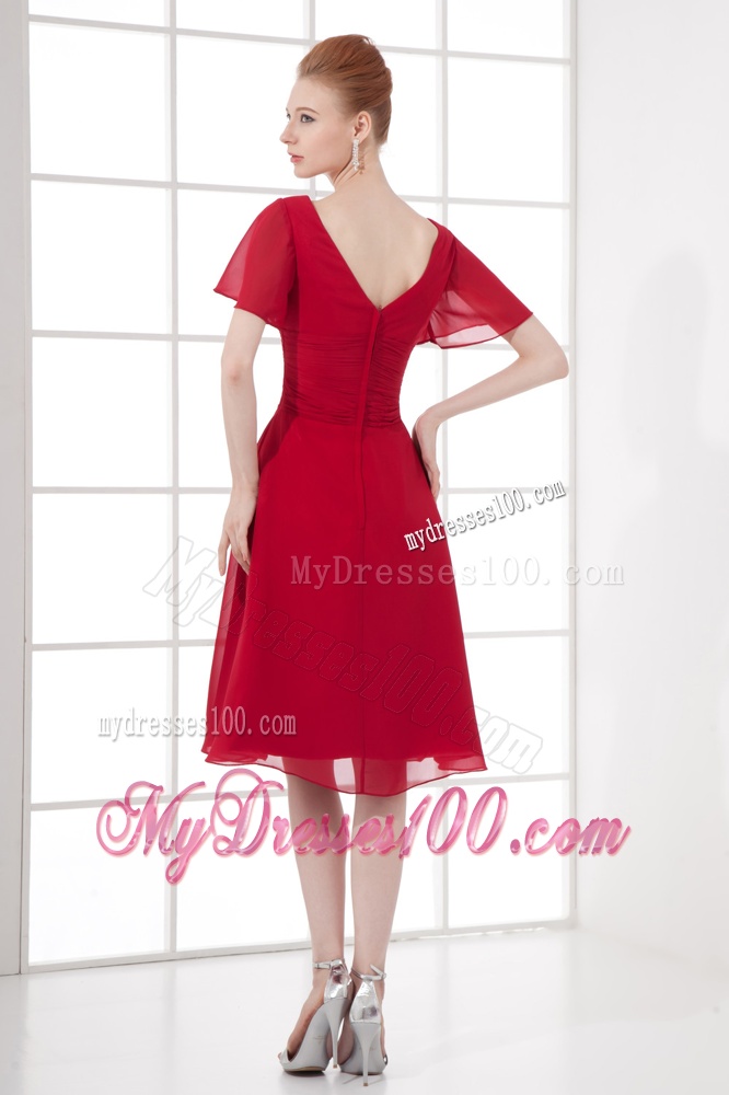 Wine Red Empire Ruching V-neck Short Sleeves Evening Dress