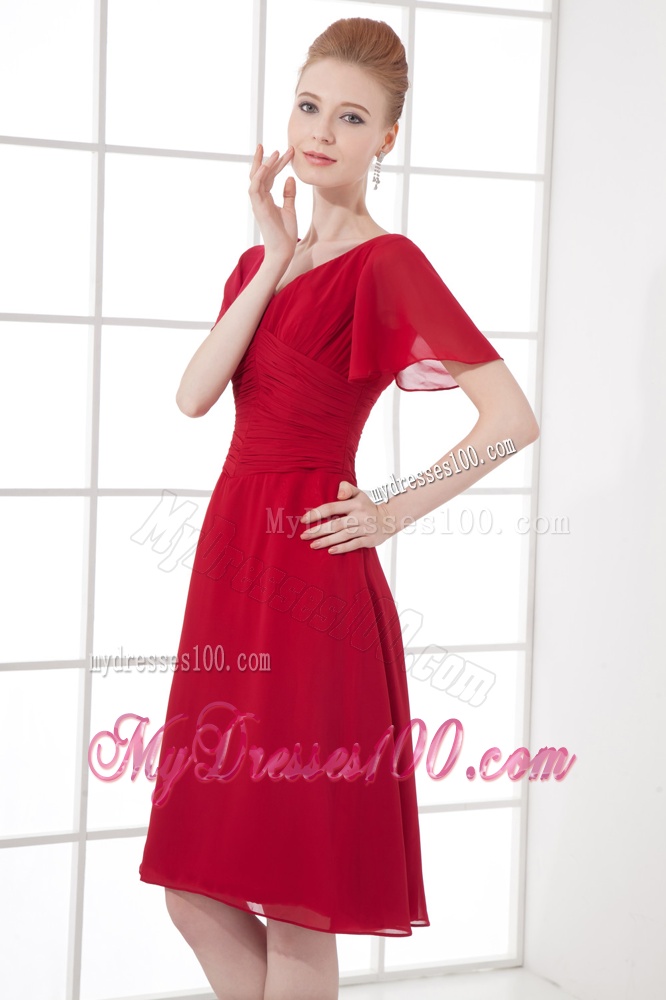 Wine Red Empire Ruching V-neck Short Sleeves Evening Dress