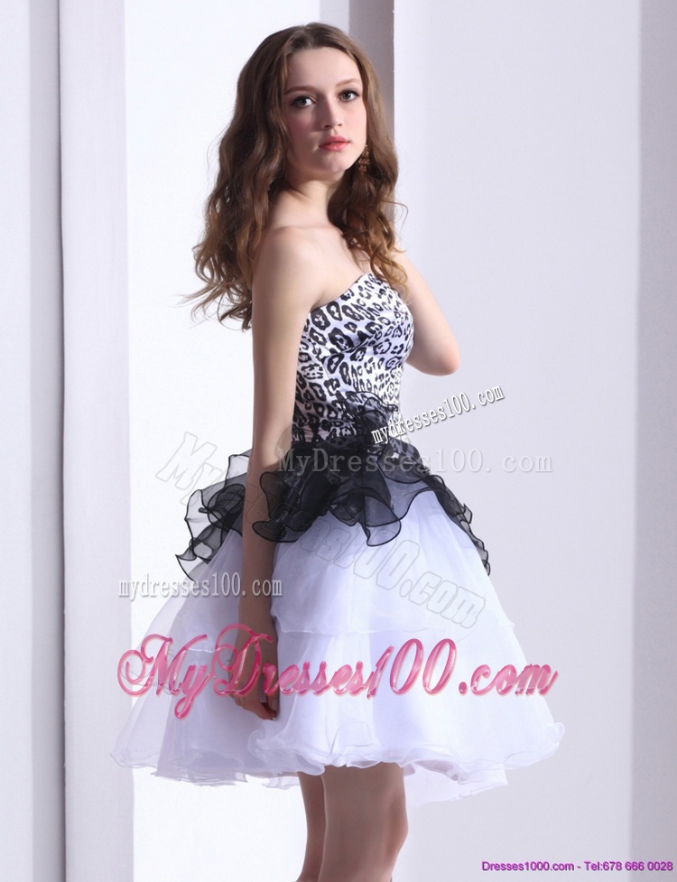 Zebra Printed Sweetheart White Evening Dresses with Ruffled Layers