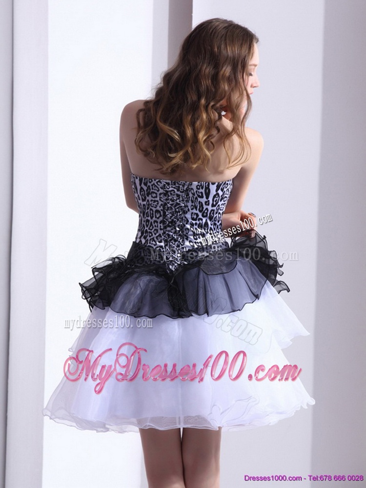 Zebra Printed Sweetheart White Evening Dresses with Ruffled Layers