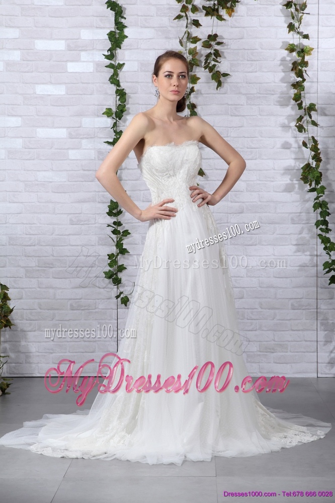 2016 Pretty Ruffled White Strapless Wedding Gowns with Brush Train