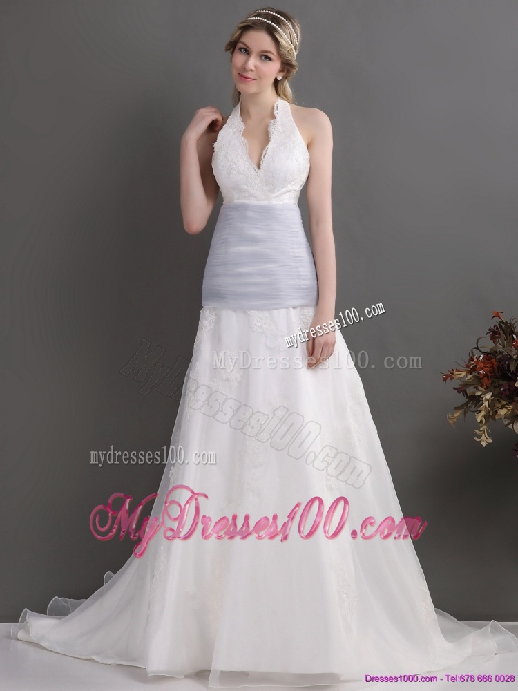2016 Romantic Halter Top Wedding Dress with Lace and Ruching