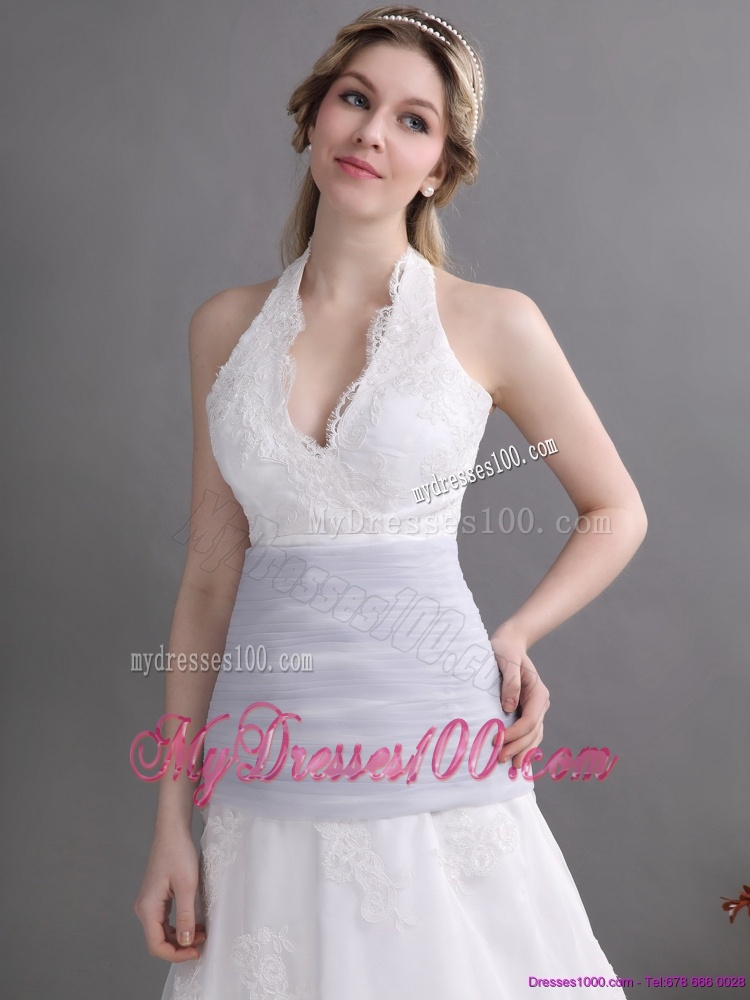 2016 Romantic Halter Top Wedding Dress with Lace and Ruching