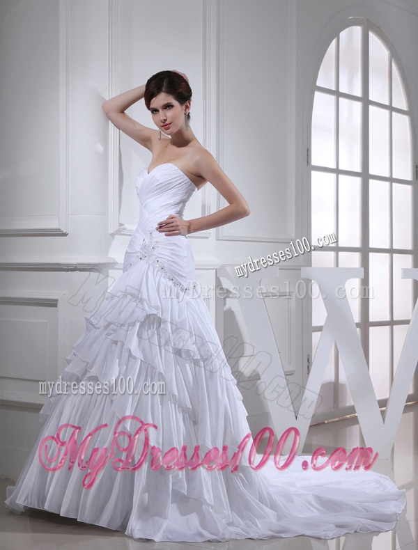 2016 Spring A-line Sweetheart Ruching Ruffled Layers White Wedding Dress