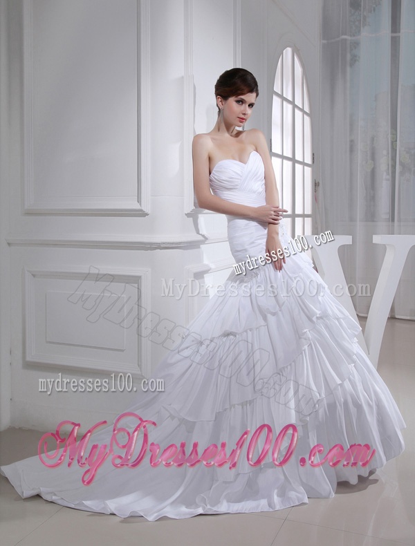 2016 Spring A-line Sweetheart Ruching Ruffled Layers White Wedding Dress
