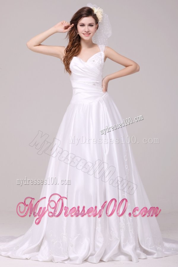 A-Line Straps Embroidery Taffeta Wedding Dress with Brush Train