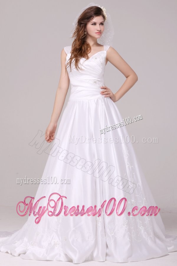 A-Line Straps Embroidery Taffeta Wedding Dress with Brush Train