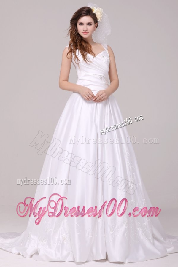 A-Line Straps Embroidery Taffeta Wedding Dress with Brush Train