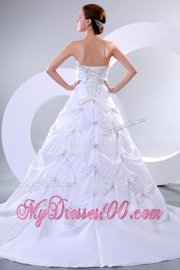 A-Line Sweetheart Court Train Beading Taffeta Wedding Dress with Lace Up