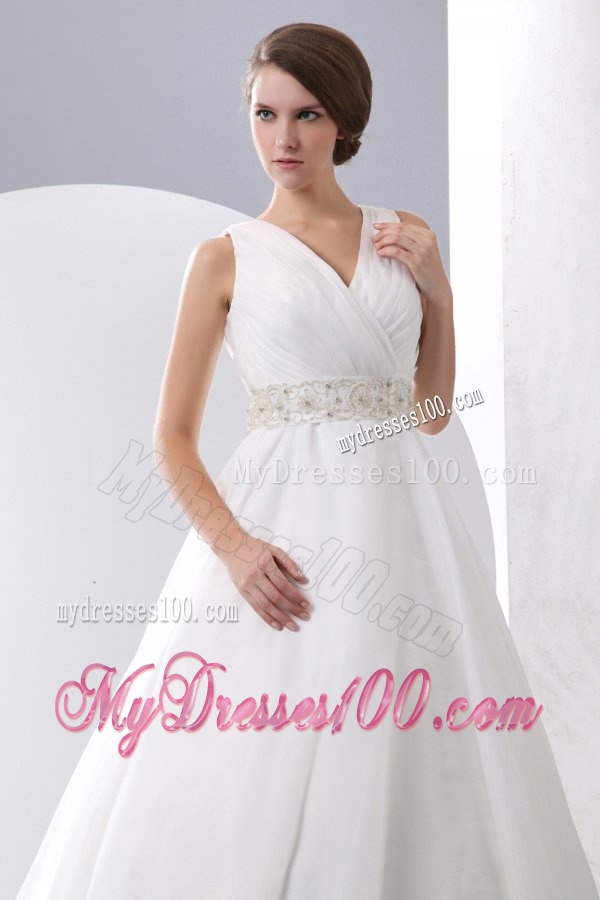 A-Line V-Neck Zipper Up Court Train Beading and Ruching Organza Wedding Dress