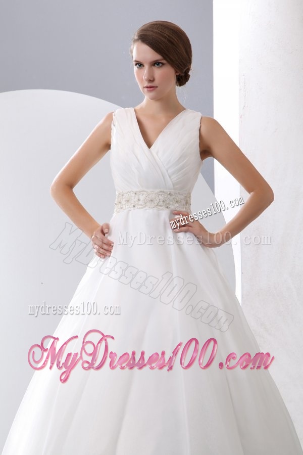 A-Line V-Neck Zipper Up Court Train Beading and Ruching Organza Wedding Dress