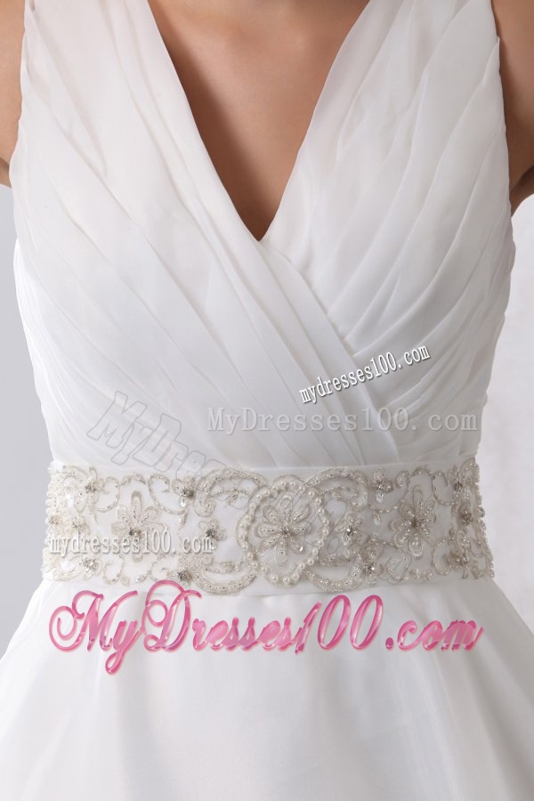 A-Line V-Neck Zipper Up Court Train Beading and Ruching Organza Wedding Dress