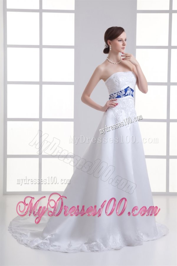 A-line Appliques Strapless Satin Belt Court Train Wedding Dress