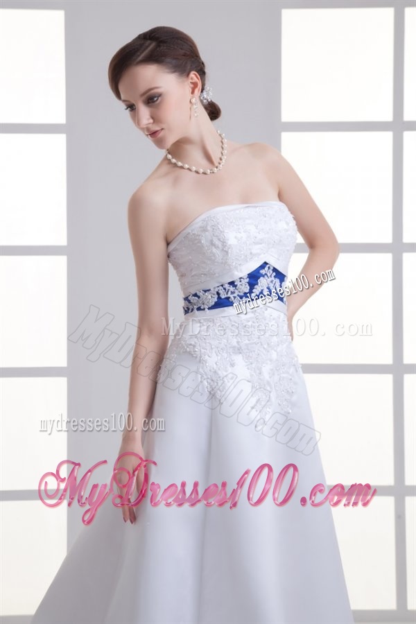 A-line Appliques Strapless Satin Belt Court Train Wedding Dress