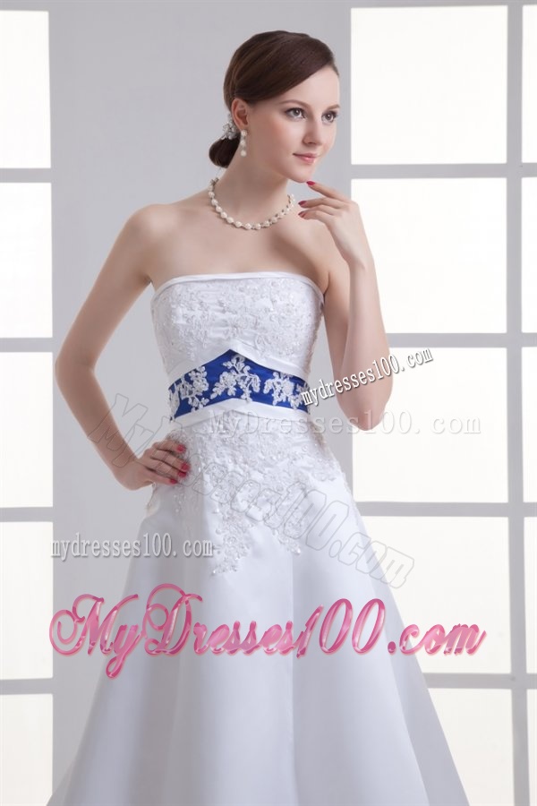A-line Appliques Strapless Satin Belt Court Train Wedding Dress