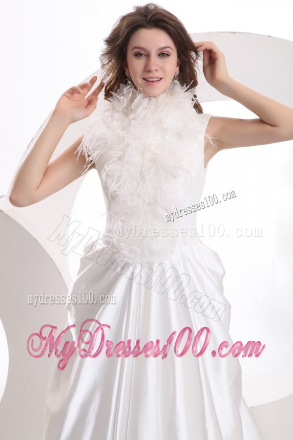 A-line High Neck Feather Court Train Taffeta Wedding Dress