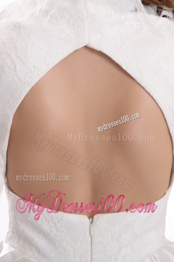 A-line High Neck Feather Court Train Taffeta Wedding Dress