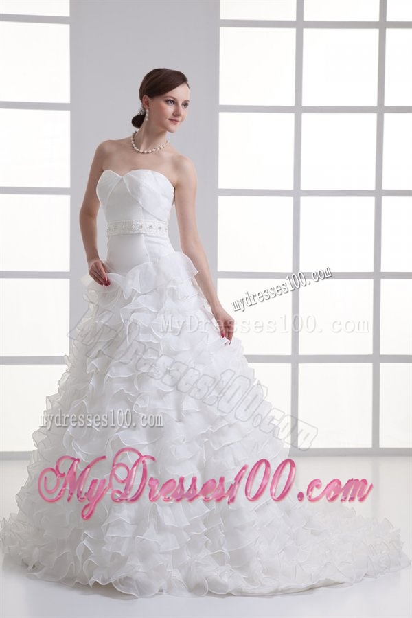 A-line Sweetheart Ruffled Layers Beading Organza Court Train Wedding Dress