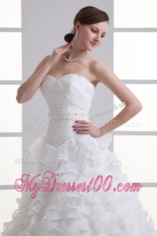 A-line Sweetheart Ruffled Layers Beading Organza Court Train Wedding Dress
