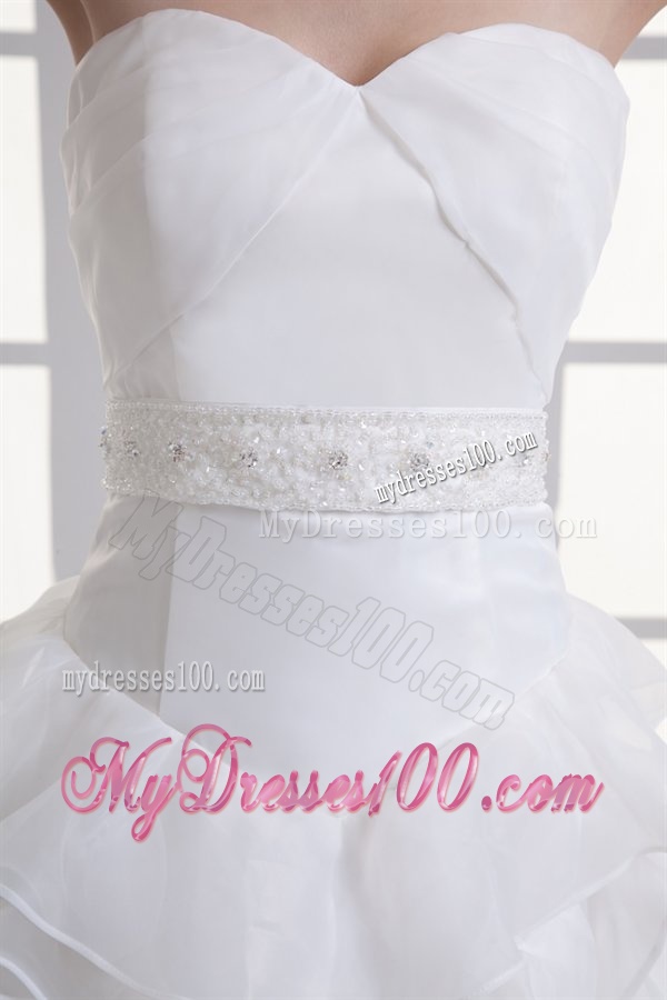 A-line Sweetheart Ruffled Layers Beading Organza Court Train Wedding Dress