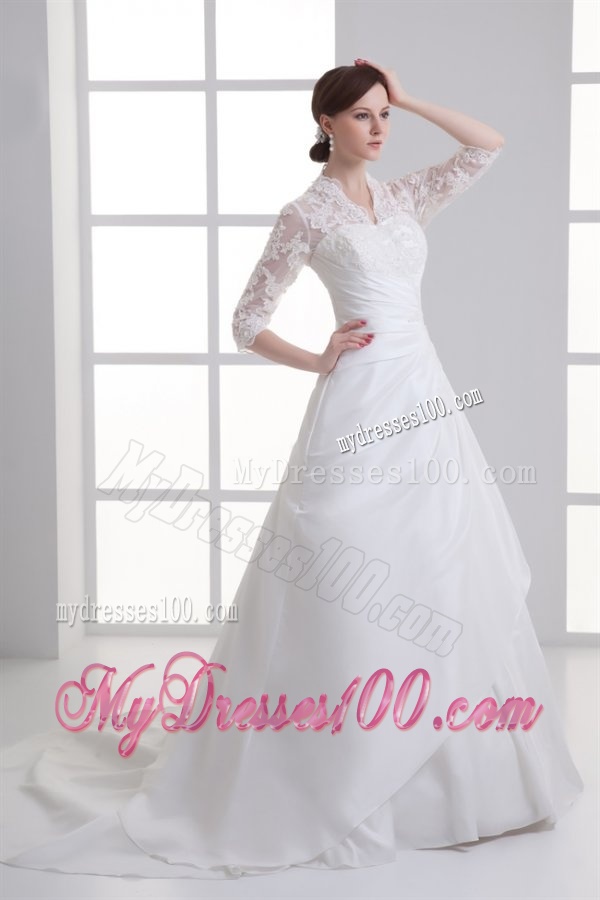 A-line V-neck Long Sleeves Taffeta Court Train Wedding Dress