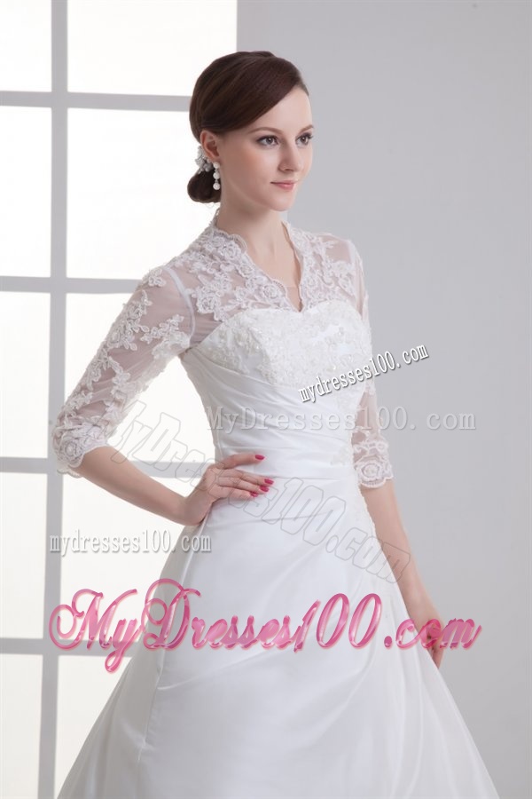 A-line V-neck Long Sleeves Taffeta Court Train Wedding Dress