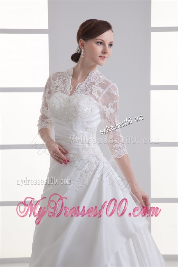 A-line V-neck Long Sleeves Taffeta Court Train Wedding Dress