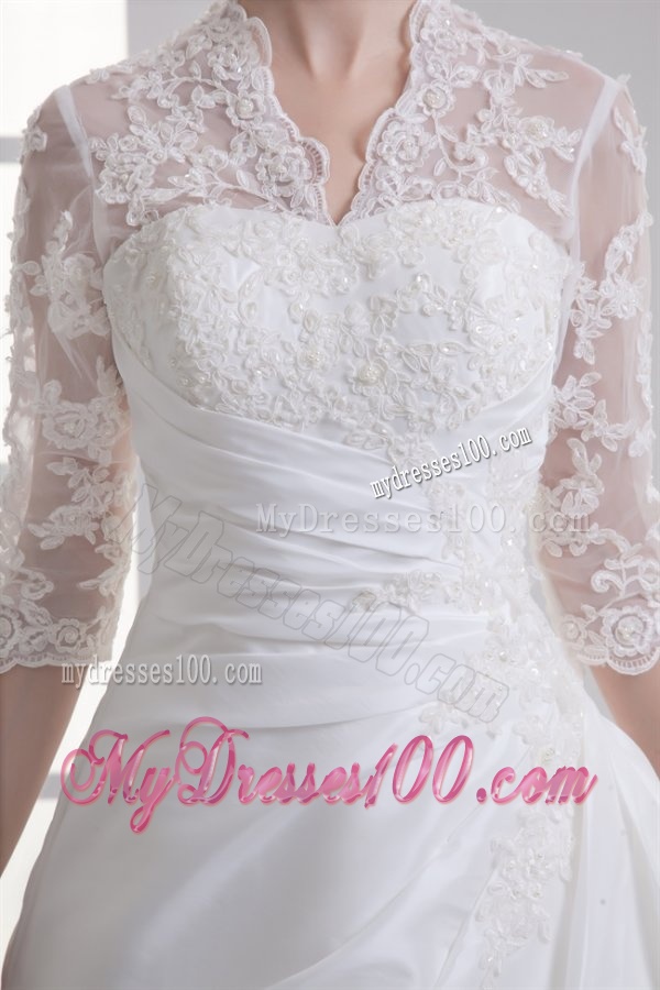 A-line V-neck Long Sleeves Taffeta Court Train Wedding Dress