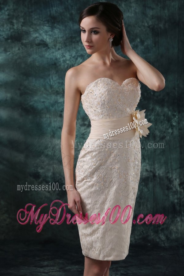 Champagne Column Sweetheart Knee-length Wedding Dress with Flowers