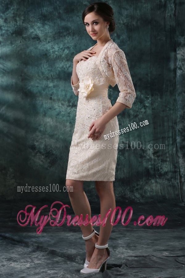 Champagne Column Sweetheart Knee-length Wedding Dress with Flowers