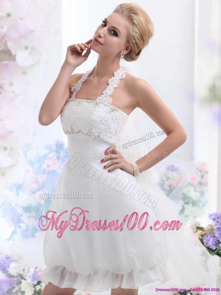 Cheap Halter Top Laced Bridal Gowns in White