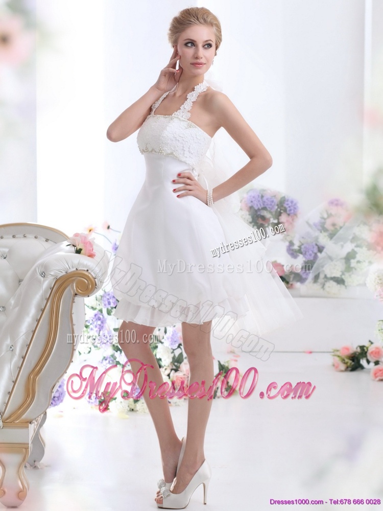 Cheap Halter Top Laced Bridal Gowns in White
