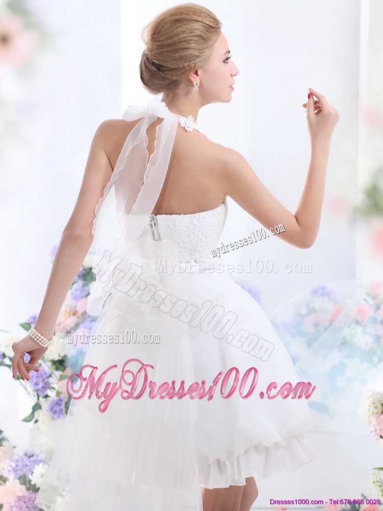Cheap Halter Top Laced Bridal Gowns in White