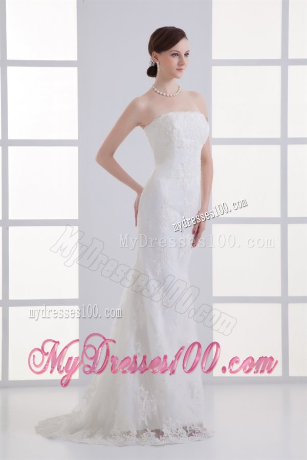 Column Brush Train Appliques Zipper Up Lace 2016 Wedding Dress
