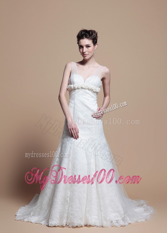 Custom Made Lace A Line Wedding Dresses with Hand Made Flowers