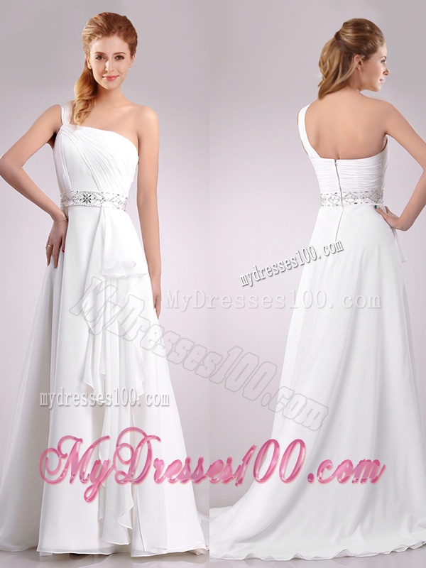Delicate One Shoulder Brush Train Beaded Wedding Dress in Chiffon for 2016
