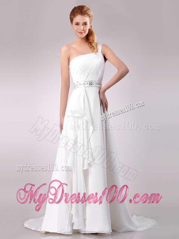 Delicate One Shoulder Brush Train Beaded Wedding Dress in Chiffon for 2016