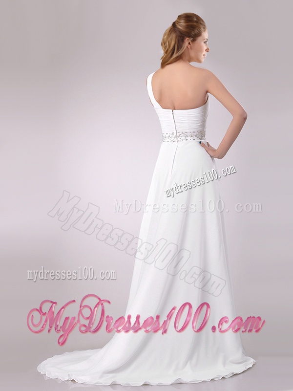 Delicate One Shoulder Brush Train Beaded Wedding Dress in Chiffon for 2016