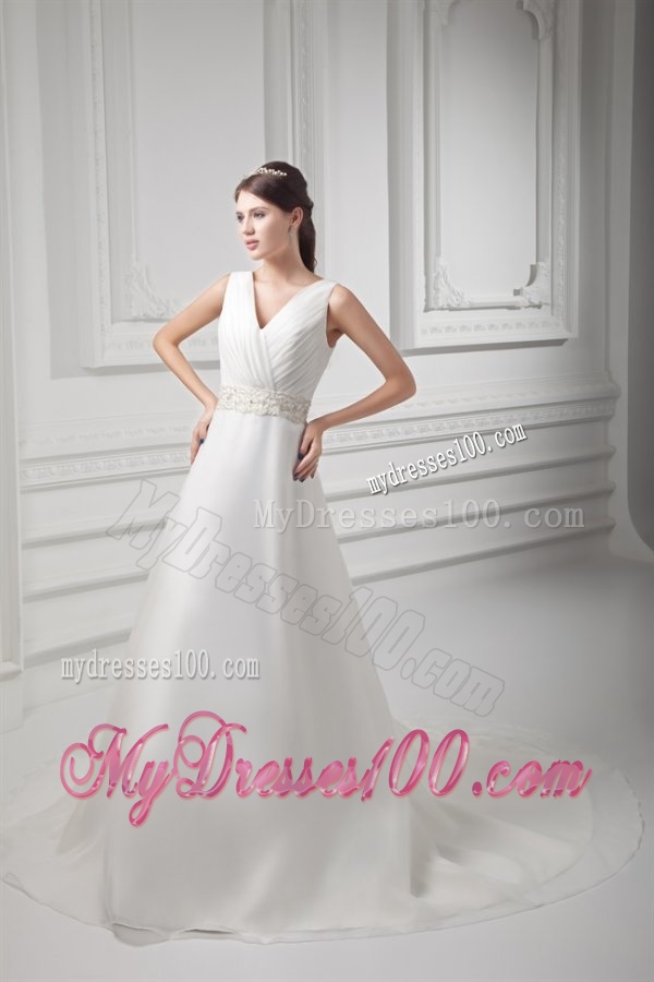 Elegant A-line V-neck Court Train Wedding Dress with Beading and Ruching