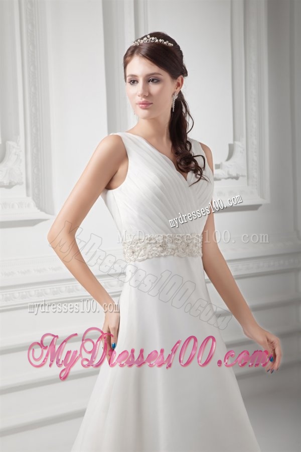 Elegant A-line V-neck Court Train Wedding Dress with Beading and Ruching