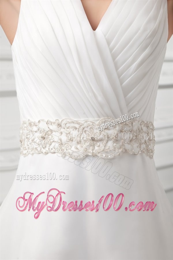 Elegant A-line V-neck Court Train Wedding Dress with Beading and Ruching