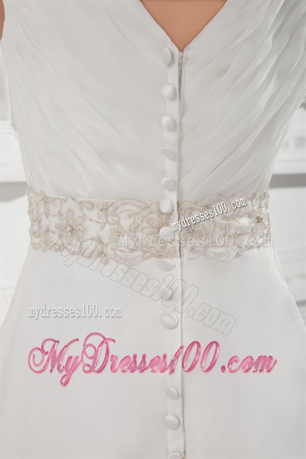 Elegant A-line V-neck Court Train Wedding Dress with Beading and Ruching
