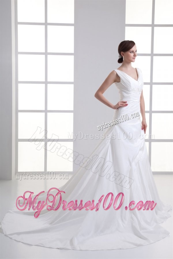 Gorgeous V-neck A-line Cathedral Train Wedding Dress with Appliques and Beading