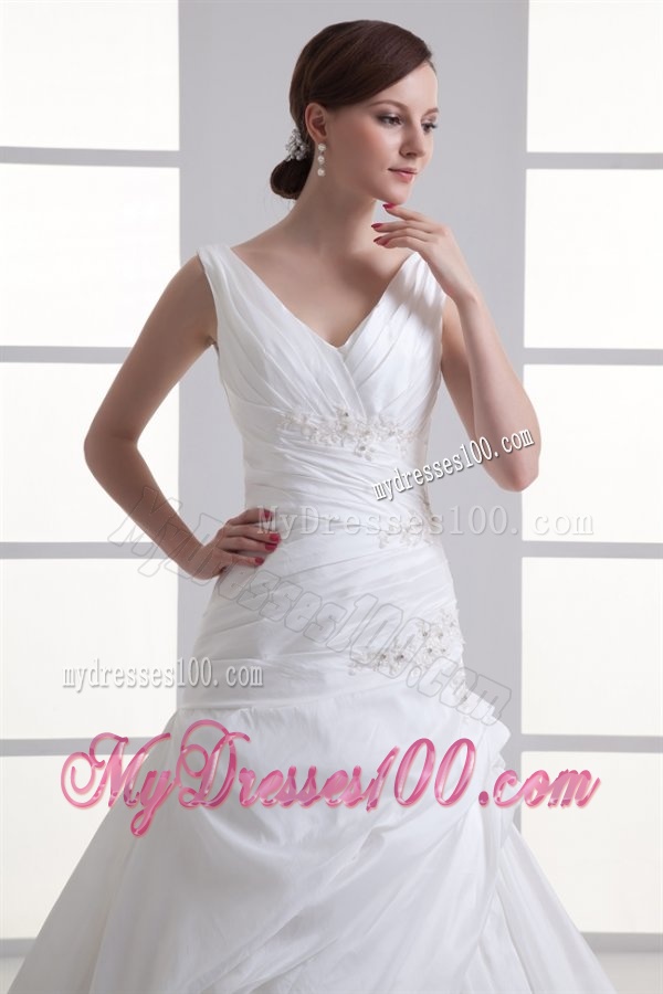 Gorgeous V-neck A-line Cathedral Train Wedding Dress with Appliques and Beading