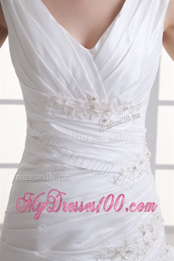 Gorgeous V-neck A-line Cathedral Train Wedding Dress with Appliques and Beading