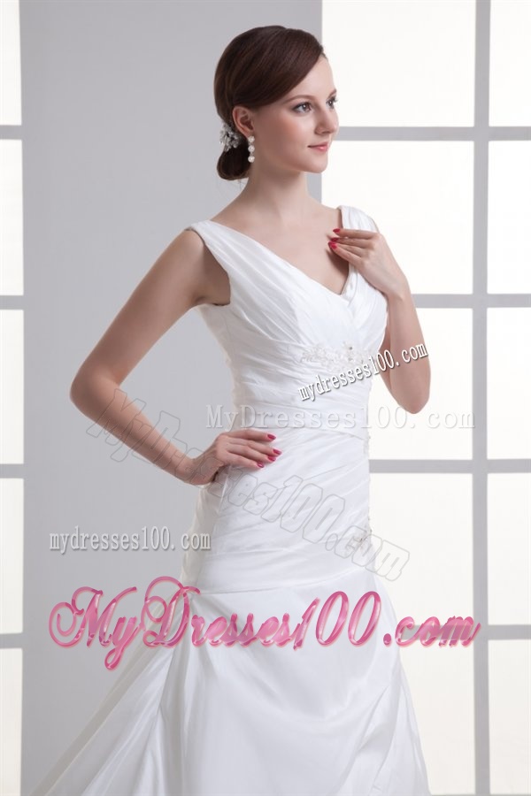 Gorgeous V-neck A-line Cathedral Train Wedding Dress with Appliques and Beading