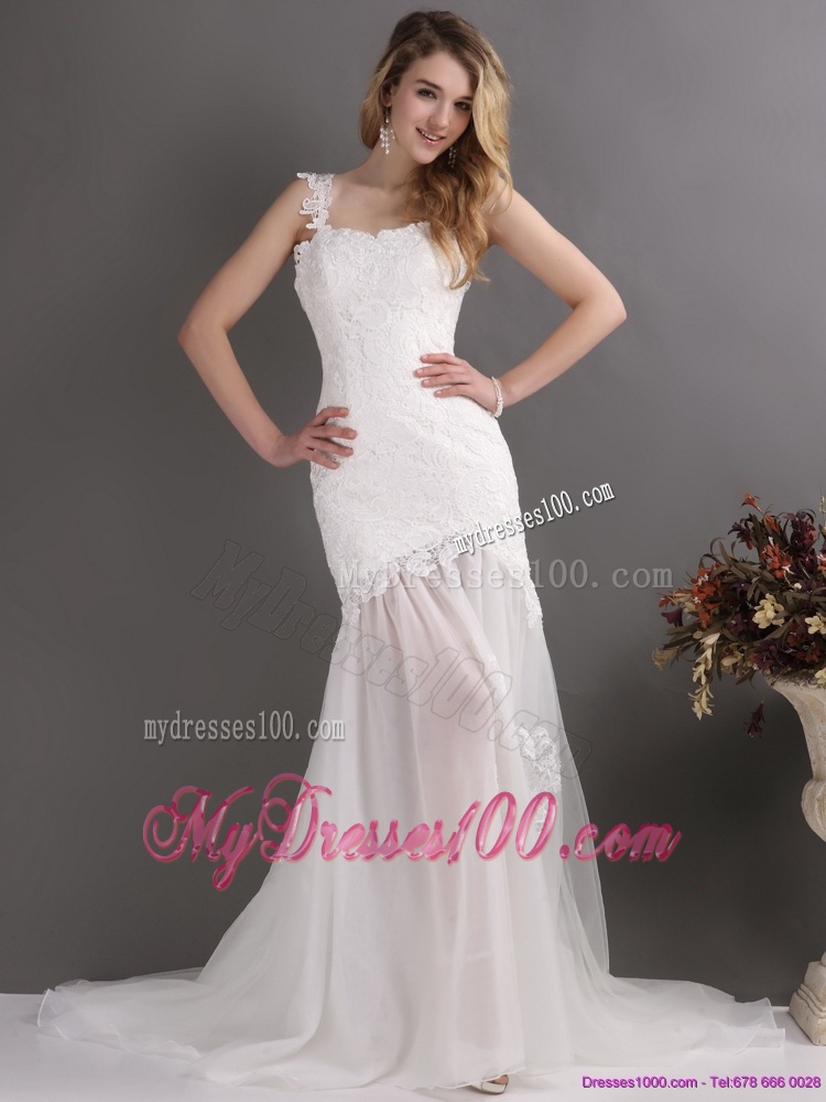 Laced White One Shoulder Wedding Gowns with Chapel Train