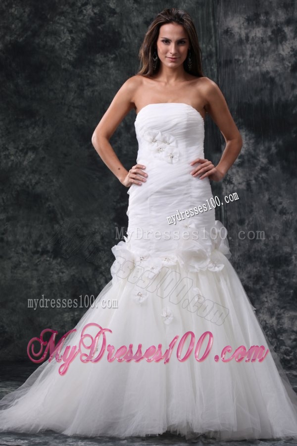 Mermaid Strapless Ruching Lace Up Tulle White Wedding Dress