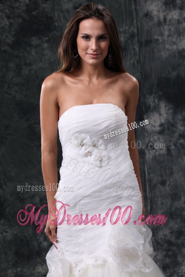 Mermaid Strapless Ruching Lace Up Tulle White Wedding Dress